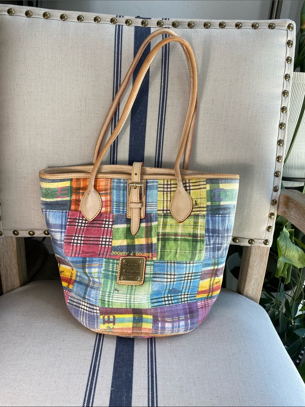Dooney & Bourke Vintage Multicolor Patchwork Ant Picnic Tote w/Tan Leather Trim